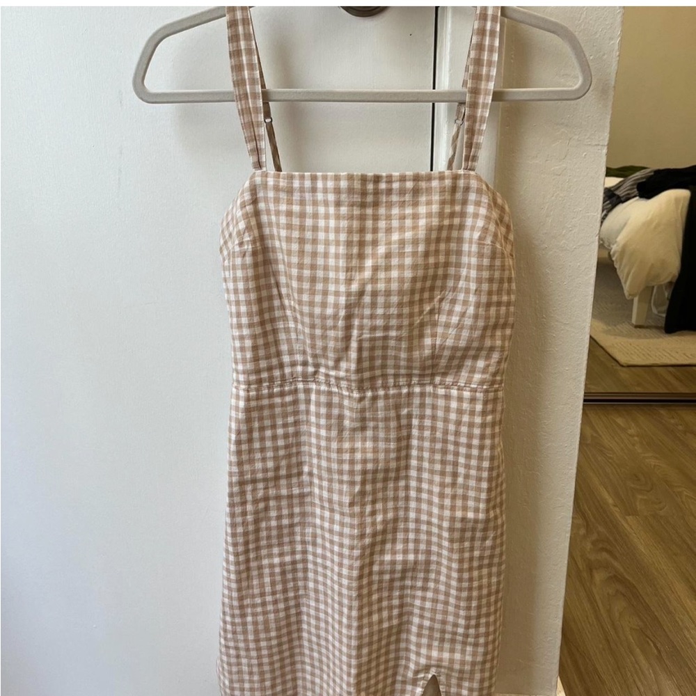 Abercrombie 100% linen cream & tan gingham dress w/ pockets, lining, smock back
